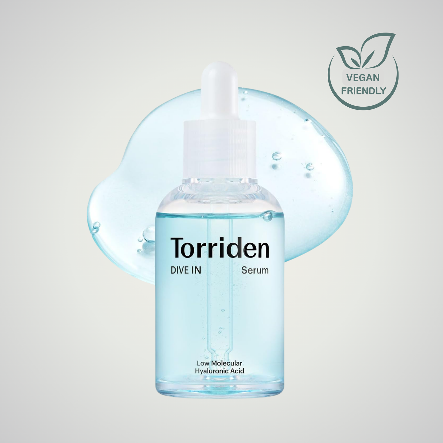 Torriden DIVE-IN Low Molecular Hyaluronic Acid Serum 40ml with blue hydration backdrop and vegan-friendly icon