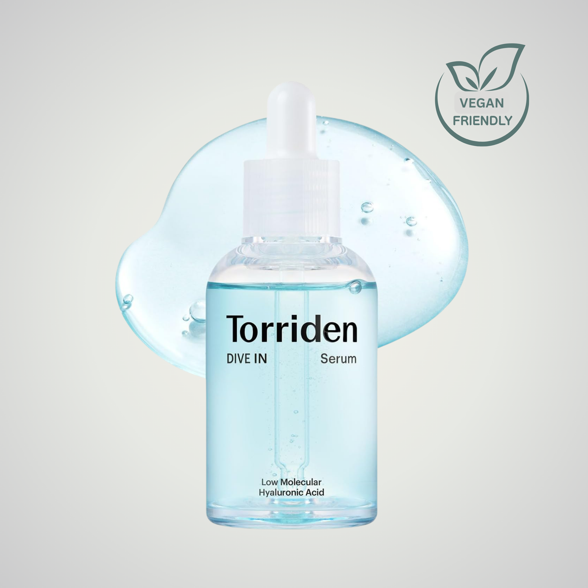 Torriden DIVE-IN Low Molecular Hyaluronic Acid Serum 40ml with blue hydration backdrop and vegan-friendly icon