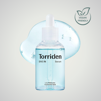 Torriden DIVE-IN Low Molecular Hyaluronic Acid Serum 40ml with blue hydration backdrop and vegan-friendly icon