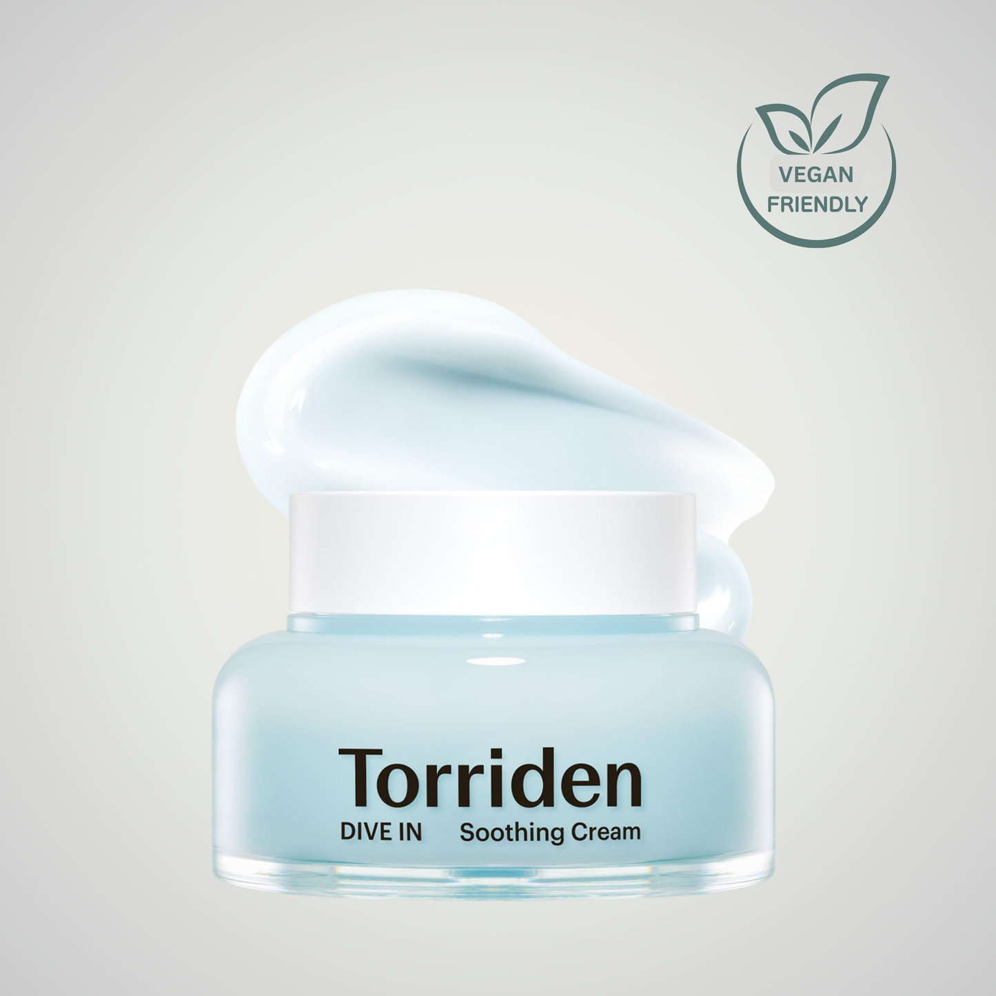 Torriden DIVE-IN Hyaluronic Acid Soothing Cream 100ml with light blue gel-cream texture and vegan-friendly icon