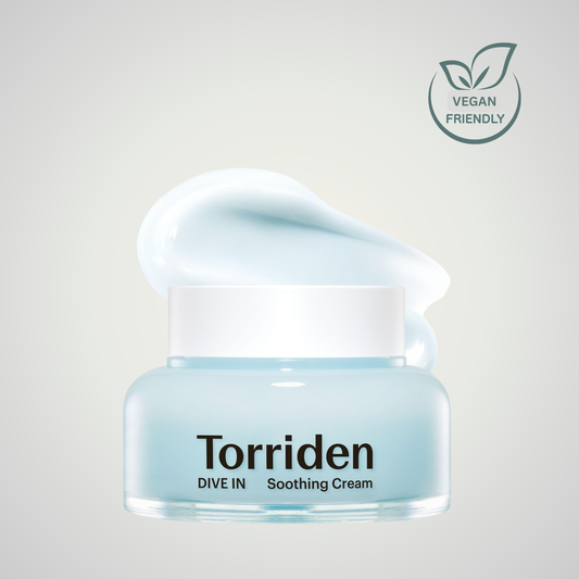 Torriden DIVE-IN Hyaluronic Acid Soothing Cream 100ml with light blue gel-cream texture and vegan-friendly icon