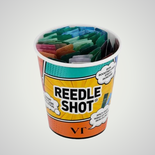 VT Reedle Shot Multiverse Kit featuring assorted 1ml skincare ampoule sachets in a collectible cup-style container on a clean white background.