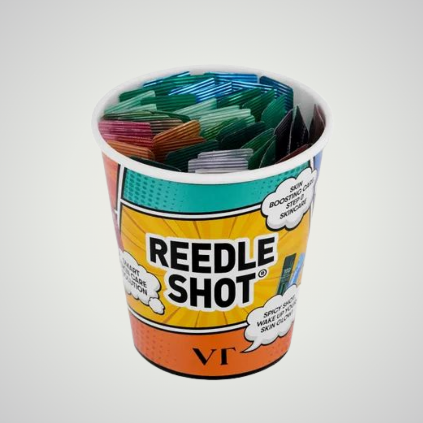VT Reedle Shot Multiverse Kit featuring assorted 1ml skincare ampoule sachets in a collectible cup-style container on a clean white background.